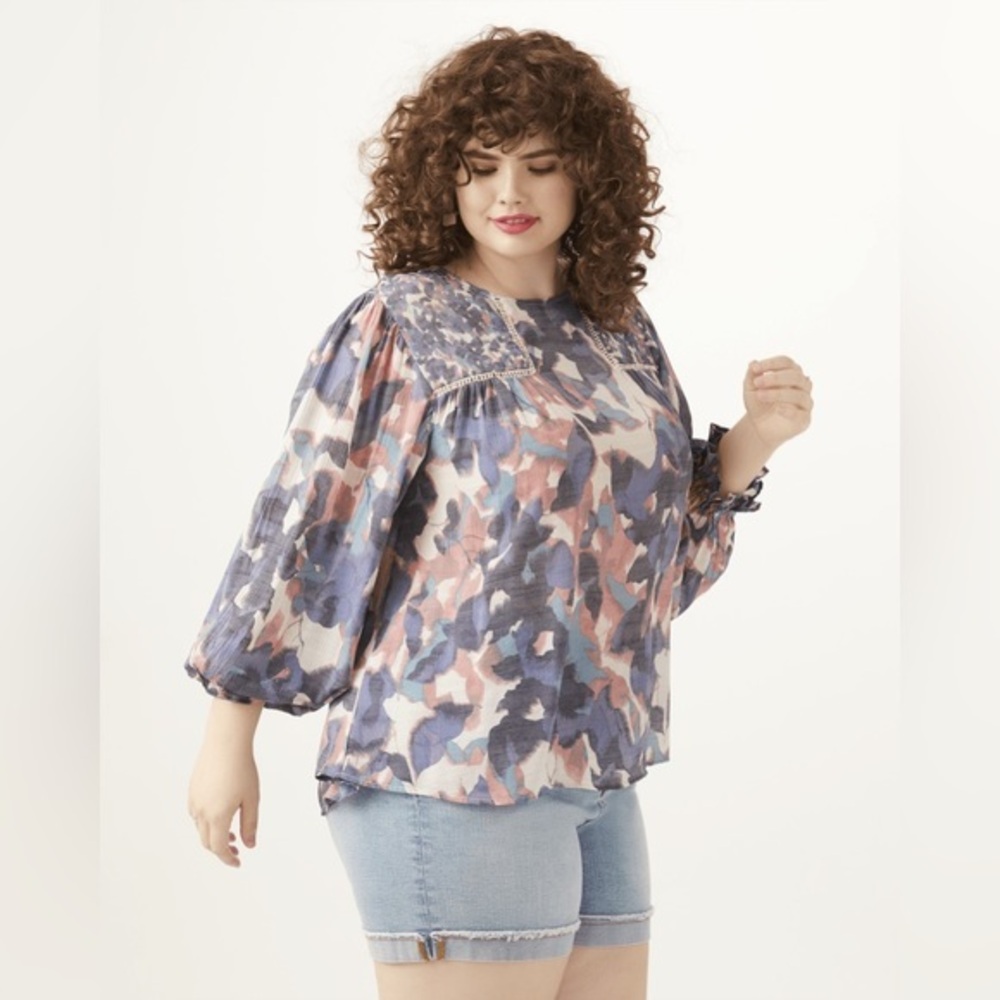 Zac & Rachel indigo blue & rose watercolor long sleeve hippie blouse 2x